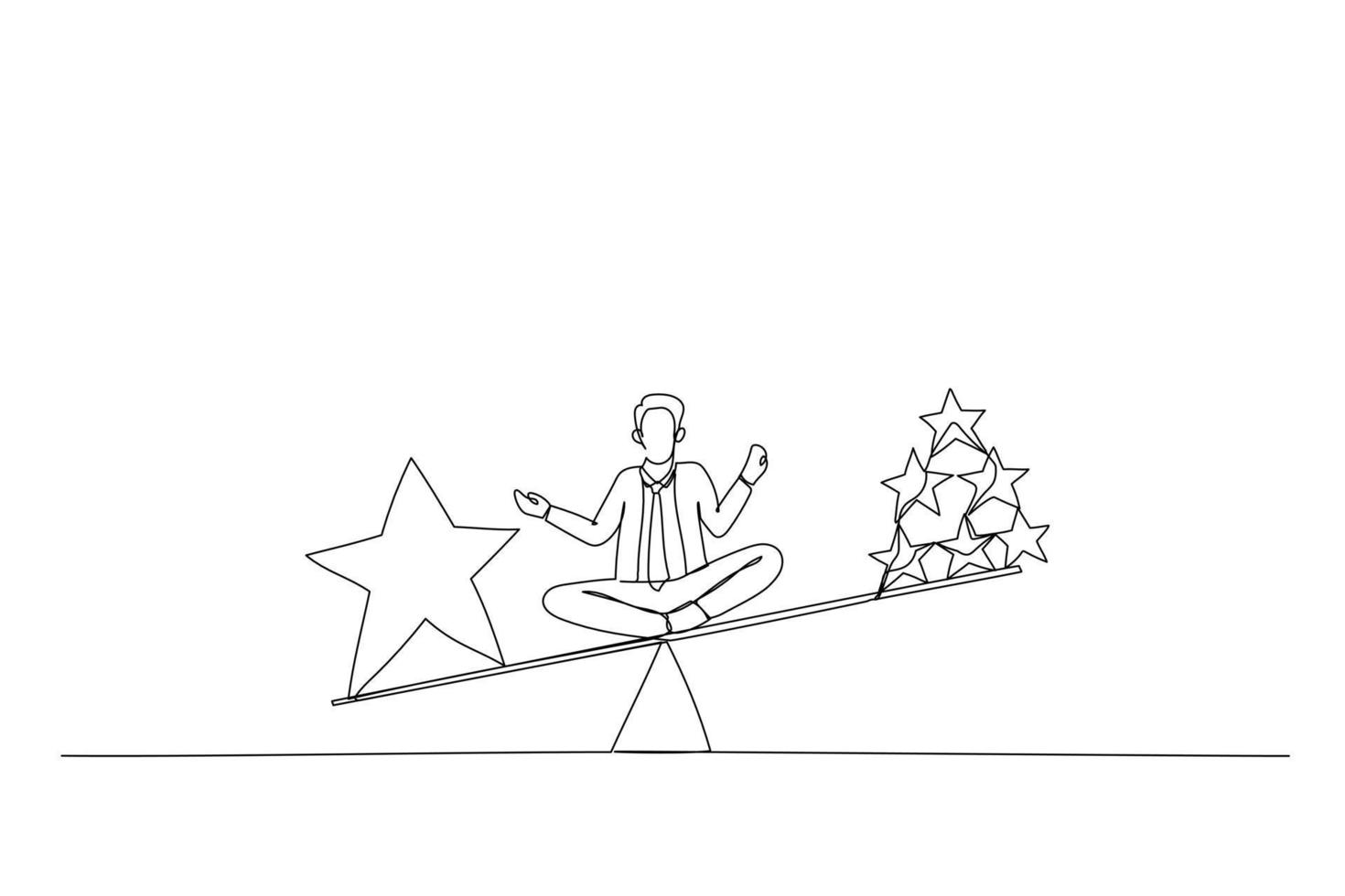 Drawing of businessman sit on scales comparing quality vs quantity. Single continuous line art vector