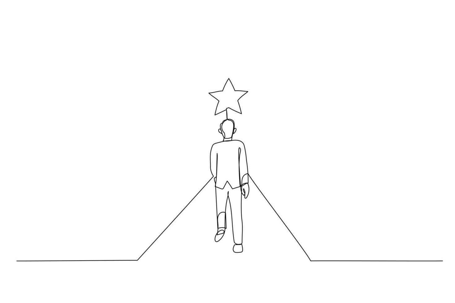 Illustration of businessman walks on the boundless road to the bright star. Single line art style vector