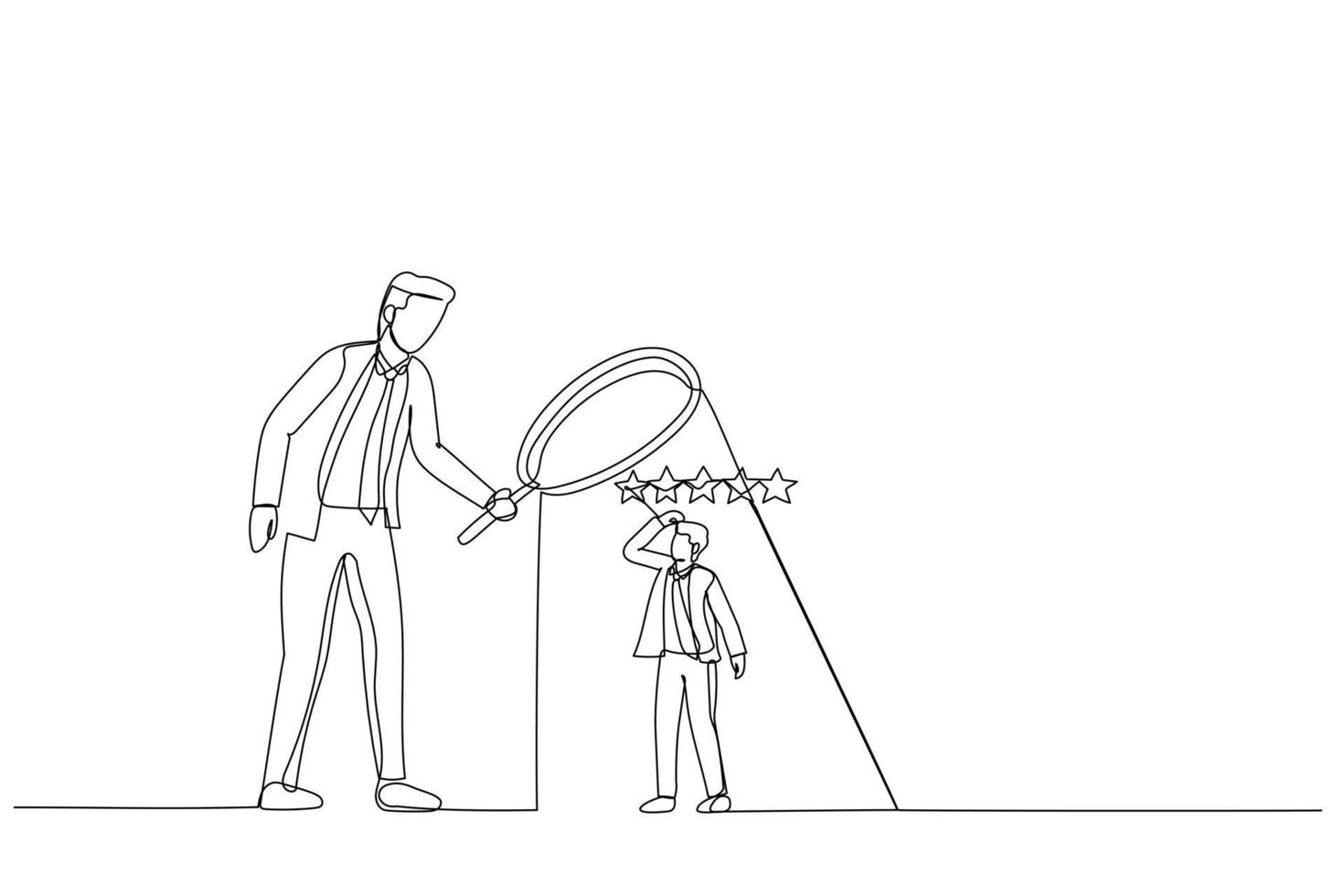 Illustration of businessman manager use magnifier to analyze employee with 5 stars rating. Metaphor for employee performance evaluation. Single line art style vector