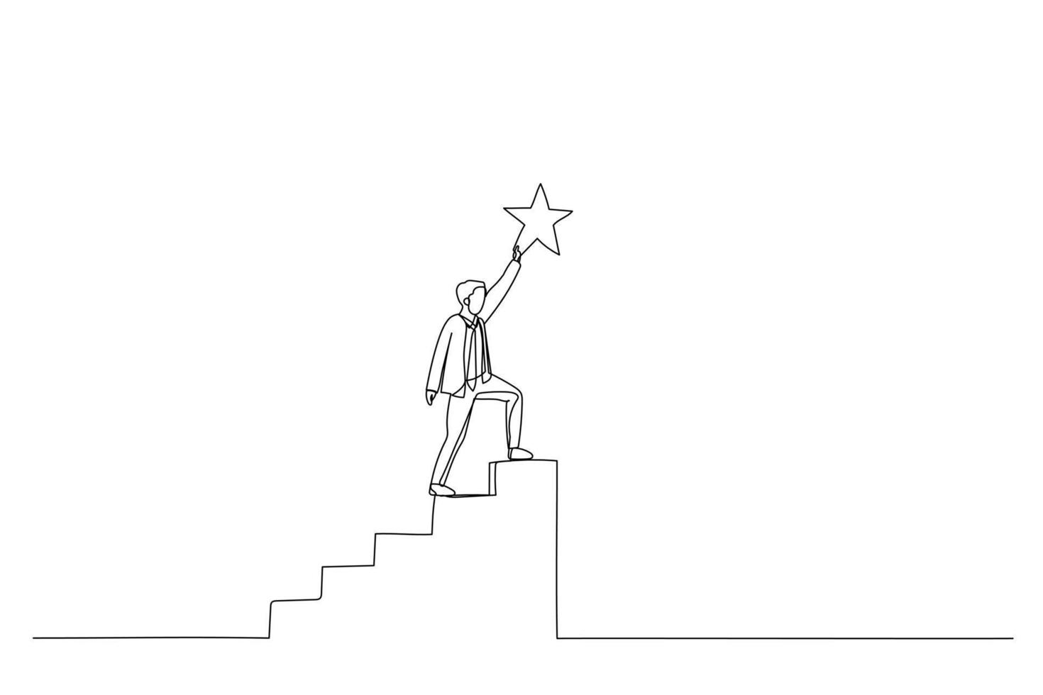 la ilustración de un hombre de negocios sube las escaleras hasta la cima para alcanzar la preciosa recompensa de la estrella. arte de línea continua única vector