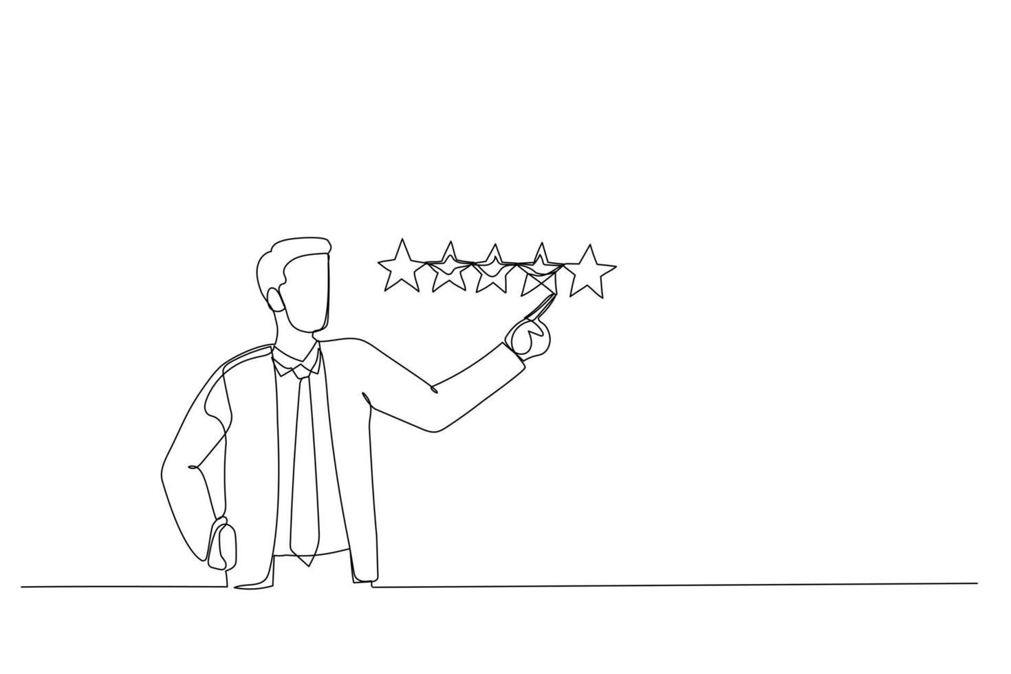 Cartoon of businessman giving 5 stars rating. Metaphor for best quality. One line art style vector