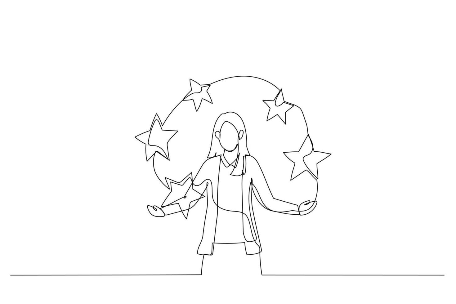 Illustration of five stars performance score by businesswoman. Metaphor for feedback and comments. Continuous line art style vector