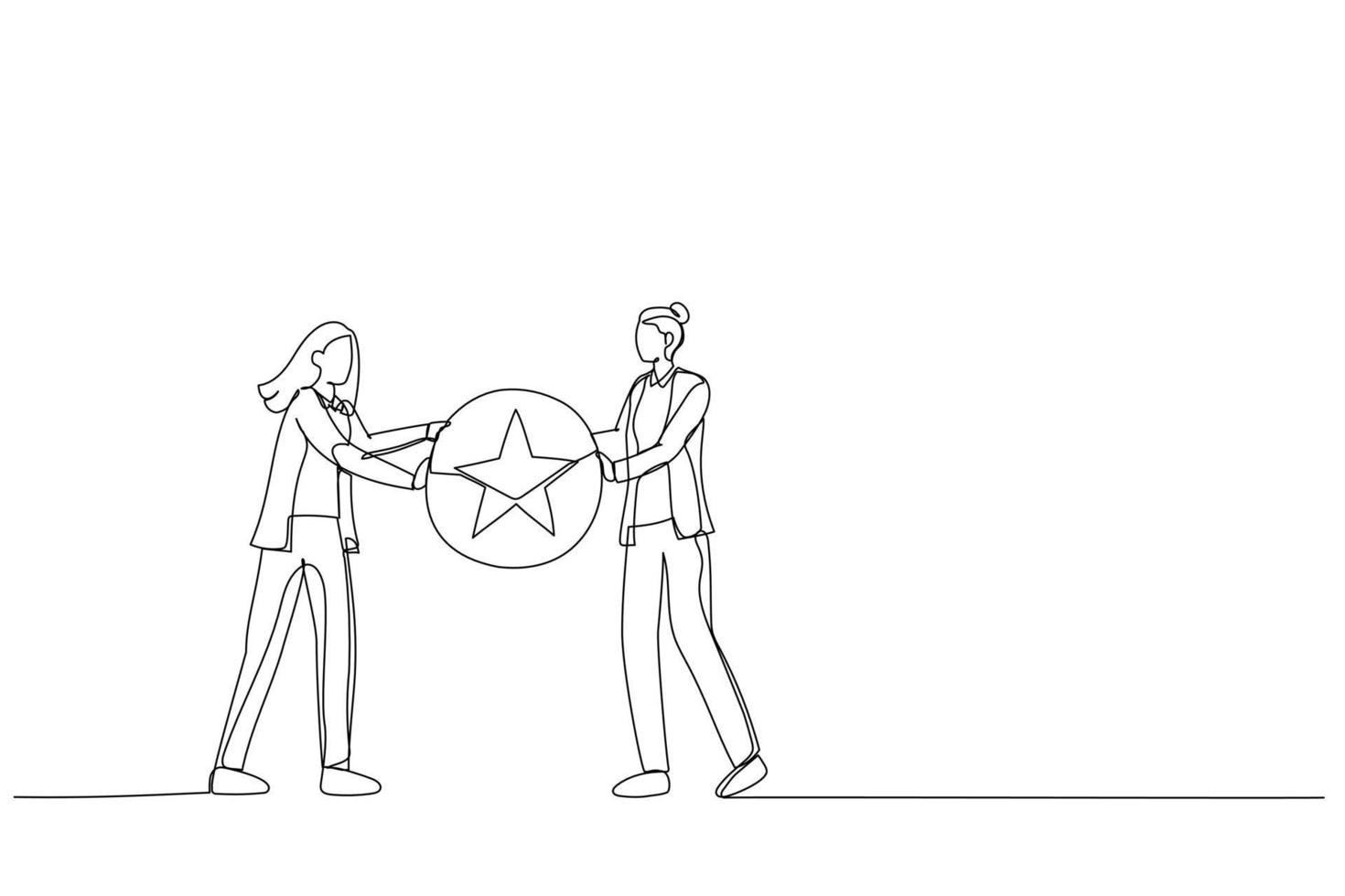 Drawing of businesswoman boss giving golden star badge to winning employee. Metaphor for recognition. One line style art vector