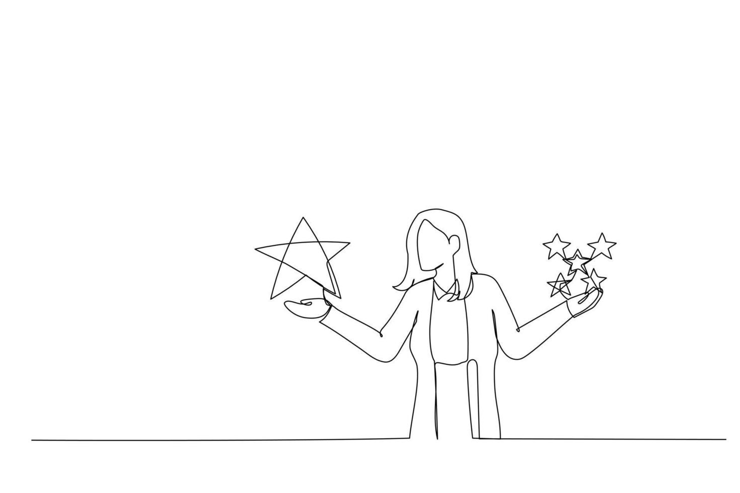 Illustration of businesswoman holding comparing quality of stars. Metaphor for quality vs quantity. Single continuous line art style vector