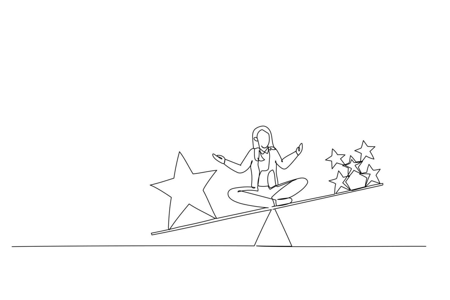 Drawing of businesswoman sit on scales comparing quality vs quantity. One line art style vector