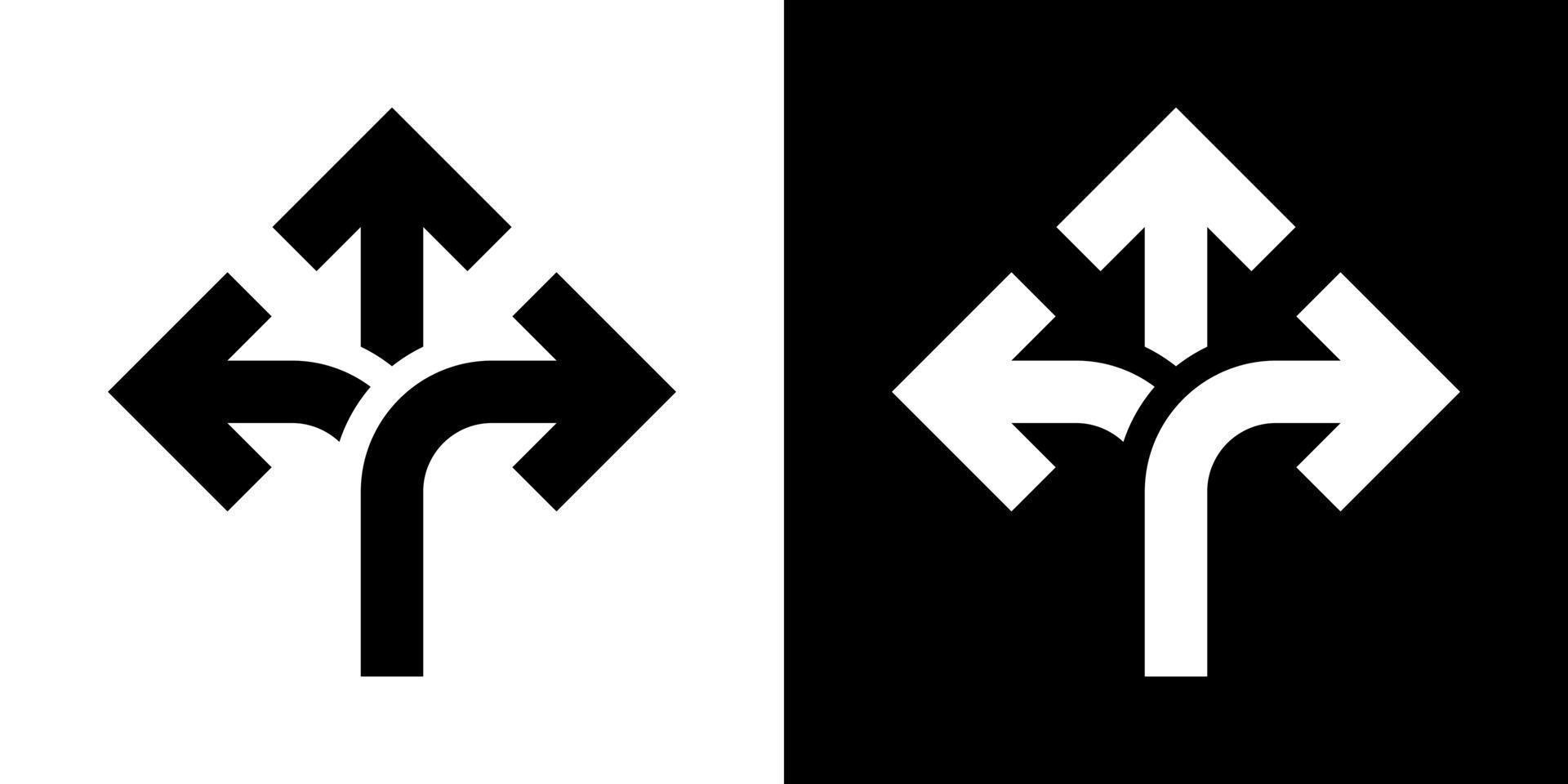 Three-way direction arrow icon vector in clipart concept. Crossroads sign symbol