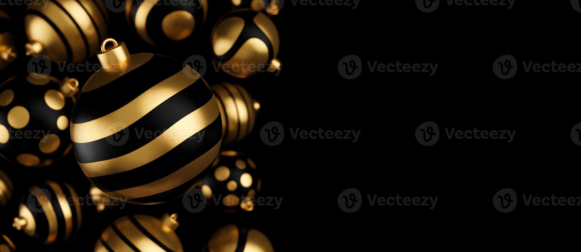 Falling luxury golden 3d christmas ball with pattern on black background. 3d rendering Happy New Year Luxury background with golden and black bauble ball photo