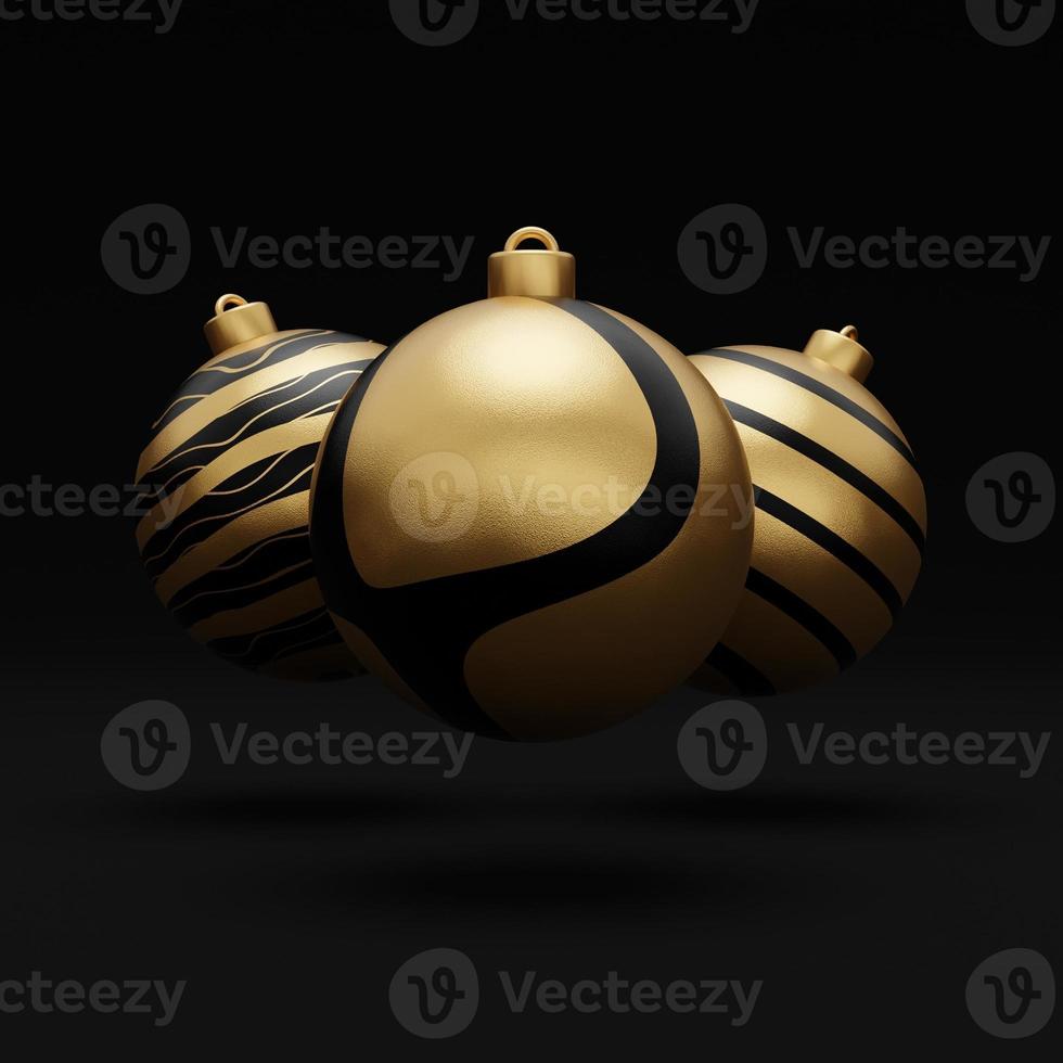 Falling luxury golden 3d christmas ball with pattern on black background. 3d rendering Happy New Year Luxury background with golden and black bauble ball photo