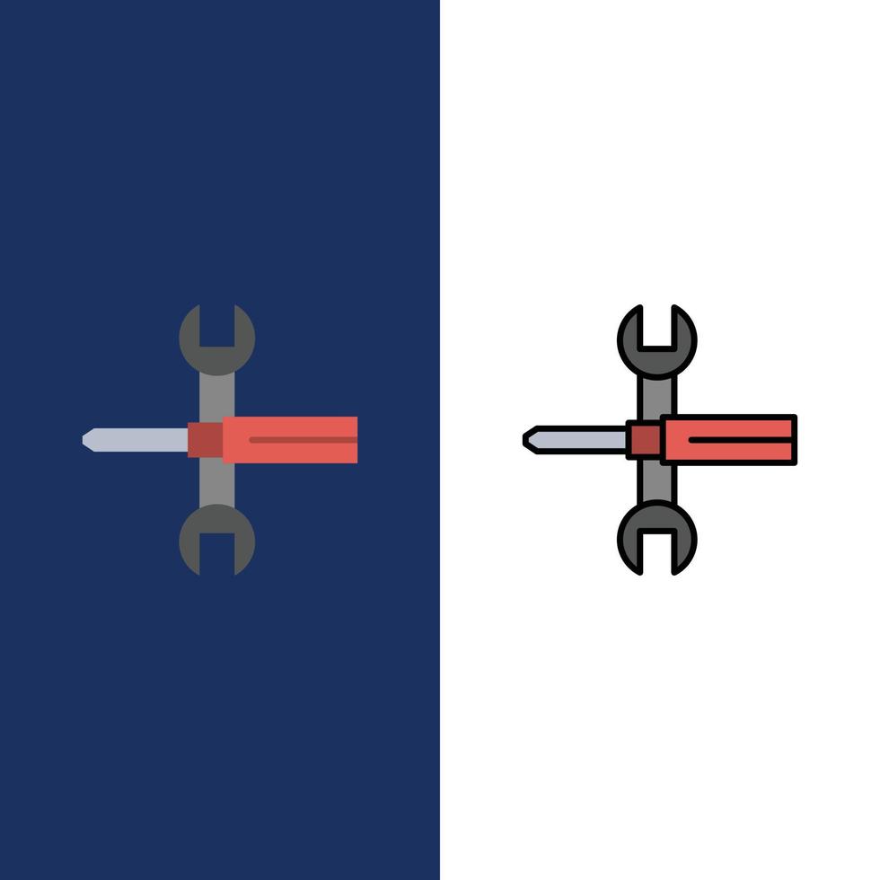 Settings Controls Screwdriver Spanner Tools Wrench  Icons Flat and Line Filled Icon Set Vector Blue