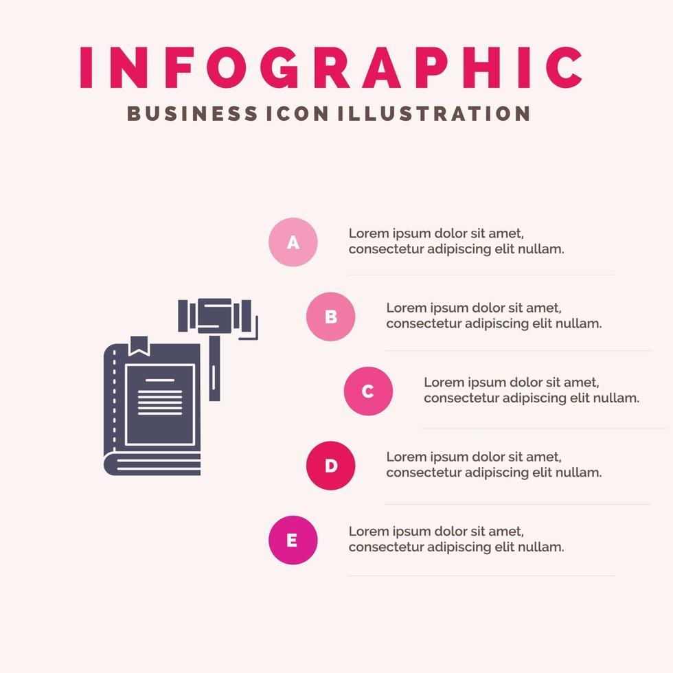 ley acción subasta corte mazo martillo legal sólido icono infografía 5 pasos presentación antecedentes vector