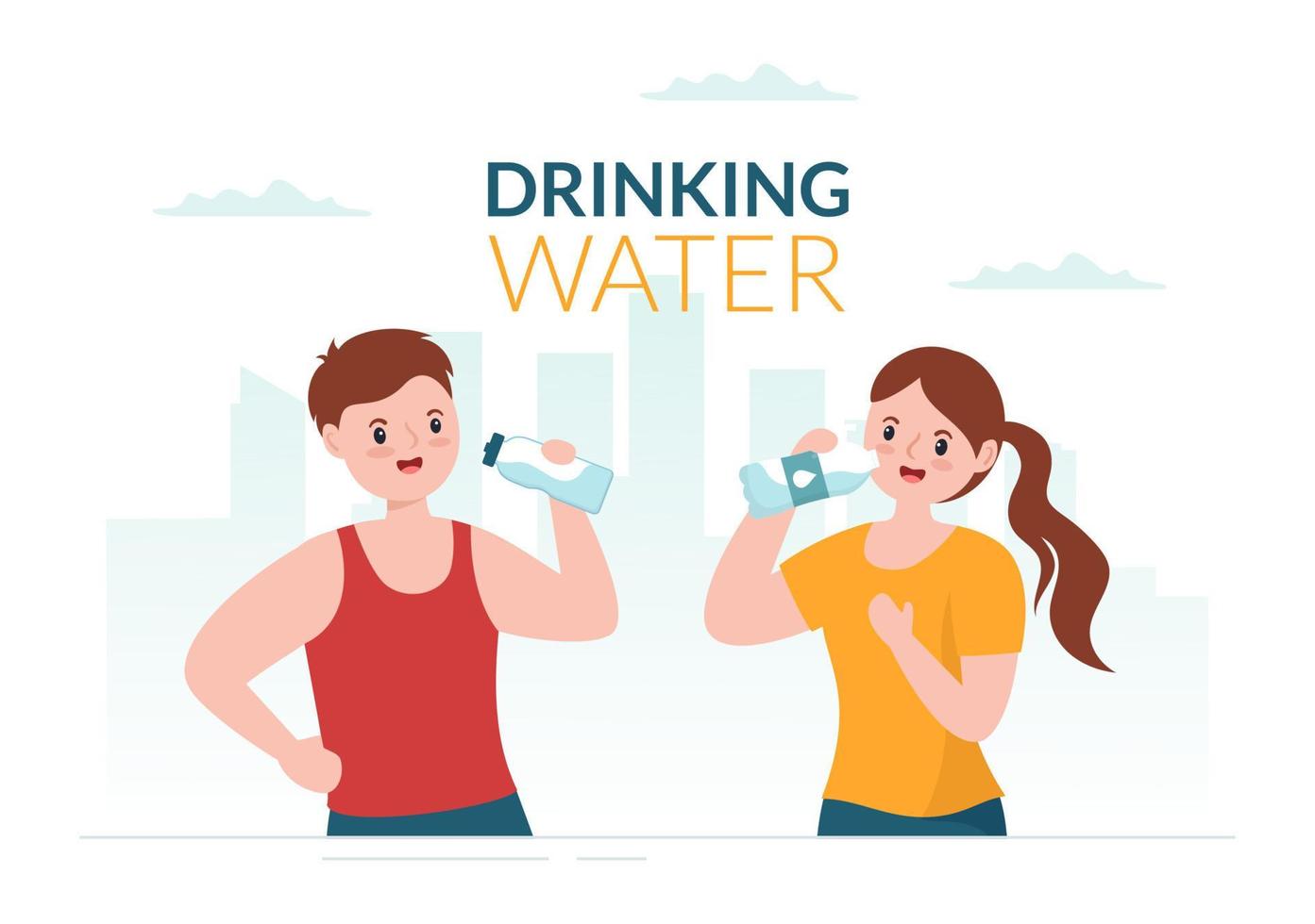 People Drinking Water From Plastic Bottles and Glasses with Pure Clean Fresh Concept in Flat Cartoon Hand Drawn Templates Illustration vector