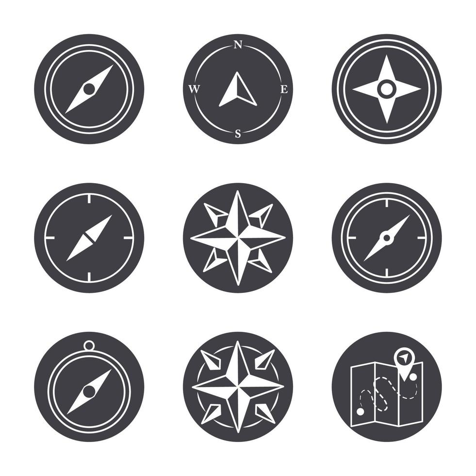 compass rose navigation cartography travel explore equipment icons set silhouette design icon vector