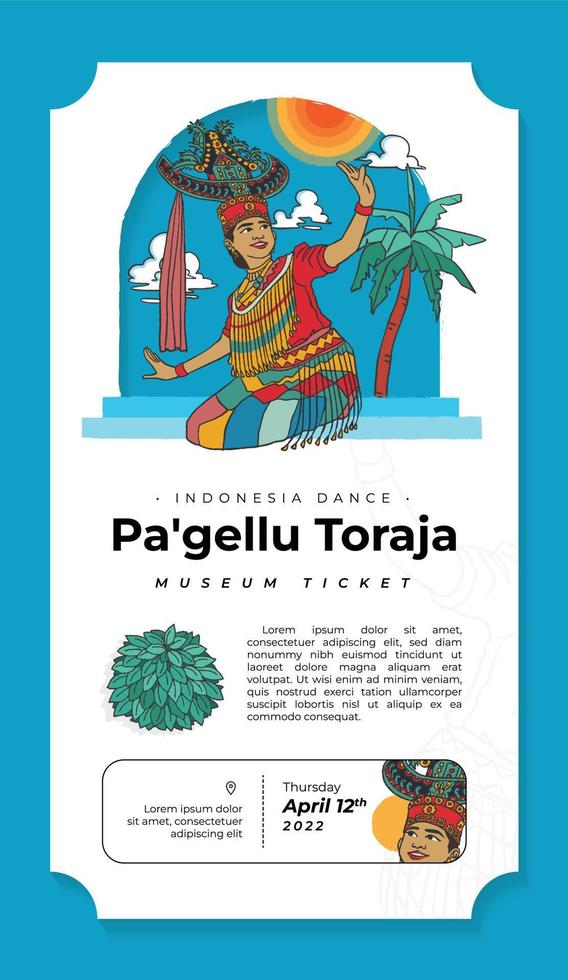 Hand Drawn Famous Dance Culture Pagellu Dance Museum Ticket Vector from Toraja Regency