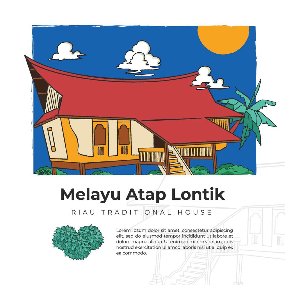melayu atap lontik traditional house hand drawn indonesia culture for social media or background vector