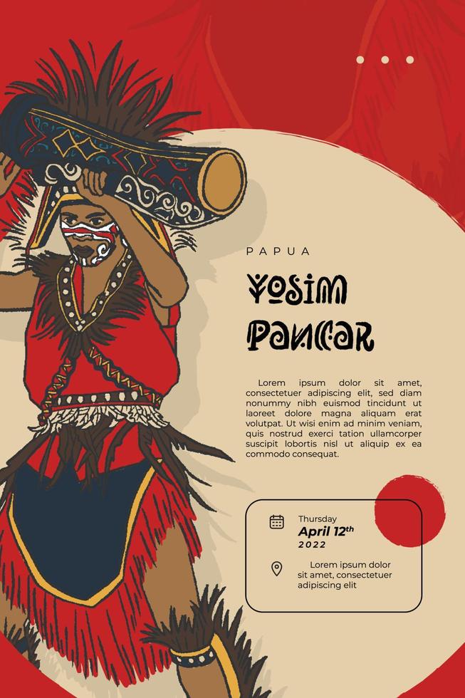 papuanés yosim pancar bailarín cultura indonesia cartel dibujado a mano ilustración vector