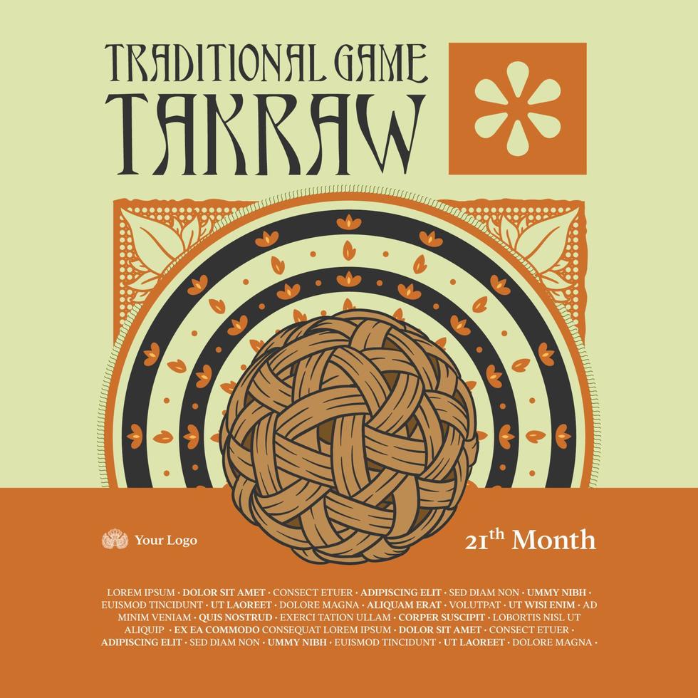 ilustración de bola takraw con origen étnico. ilustración de juegos tradicionales indonesios dibujada a mano. vector