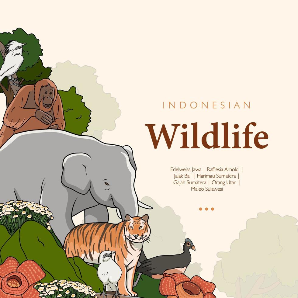 animales y plantas indonesios ilustración vectorial dibujada a mano. plantilla de publicación de redes sociales de zoológico vector