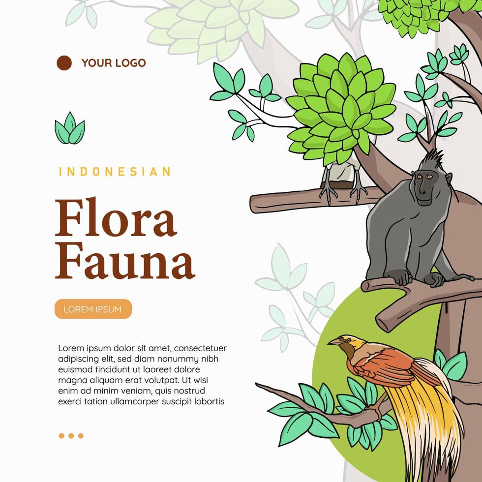 animales y plantas indonesios ilustración vectorial dibujada a mano. plantilla de publicación de redes sociales de zoológico vector