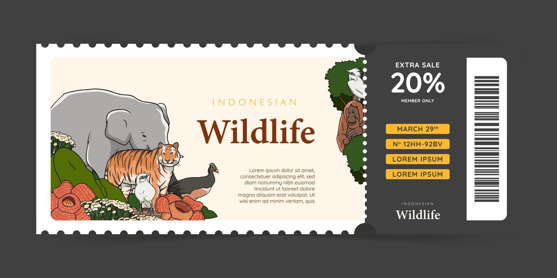 diseño de boleto de zoológico con ilustración de dibujado a mano de fauna indonesia vector