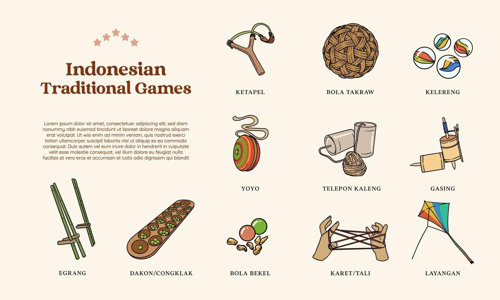 Isolated Hand drawn Indonesian Traditional Games. 90s childrens games illustration. vector