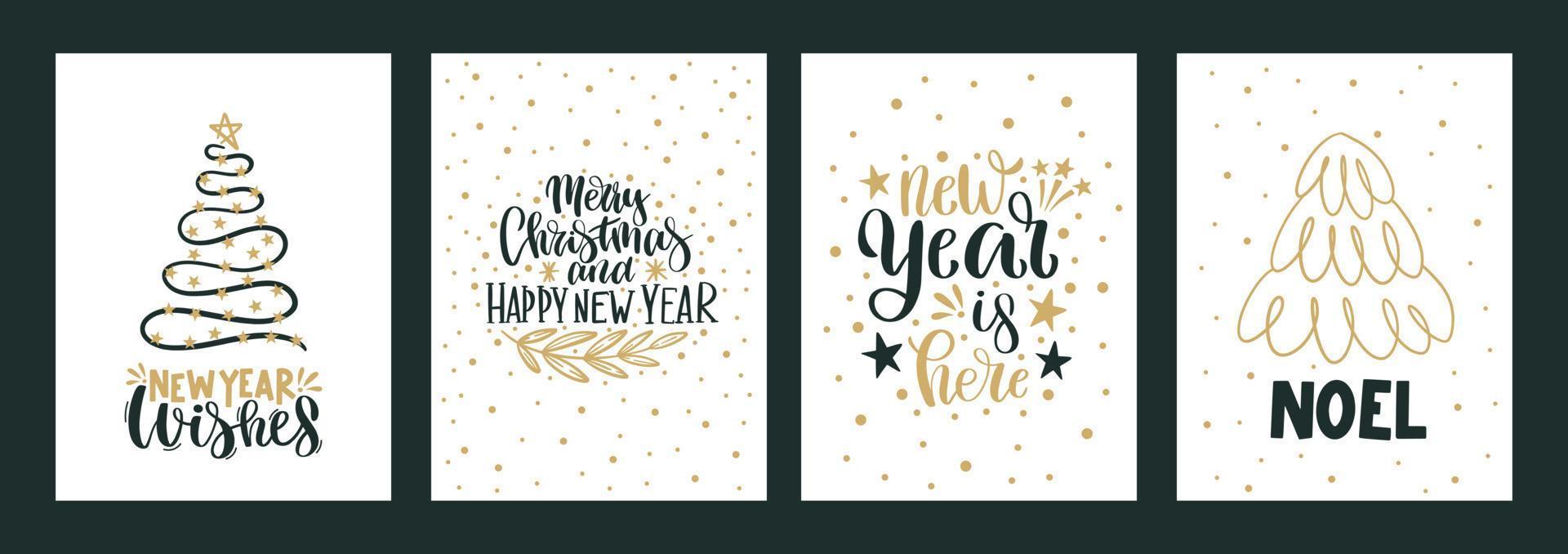 Merry Christmas and Happy New Year Set of greeting cards posters with various trees snowflakes. Xmas Design with lettering, tree, crystal, snowflakes in modern art style.Hand drawn trendy illustration vector