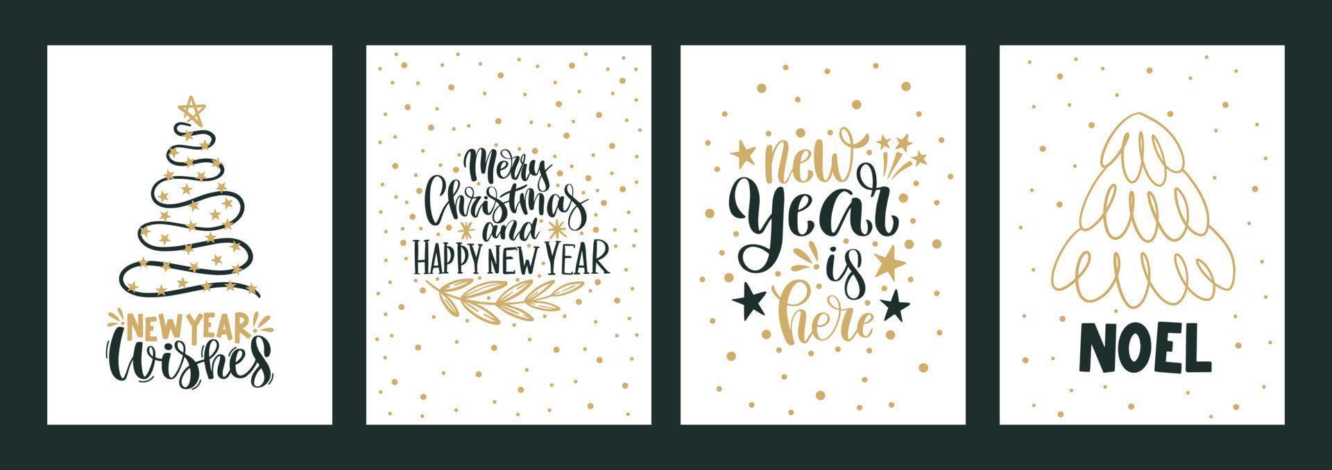 feliz navidad y feliz año nuevo conjunto de carteles de tarjetas de felicitación con varios árboles copos de nieve. diseño de navidad con letras, árbol, cristal, copos de nieve en estilo de arte moderno. ilustración de moda dibujada a mano vector