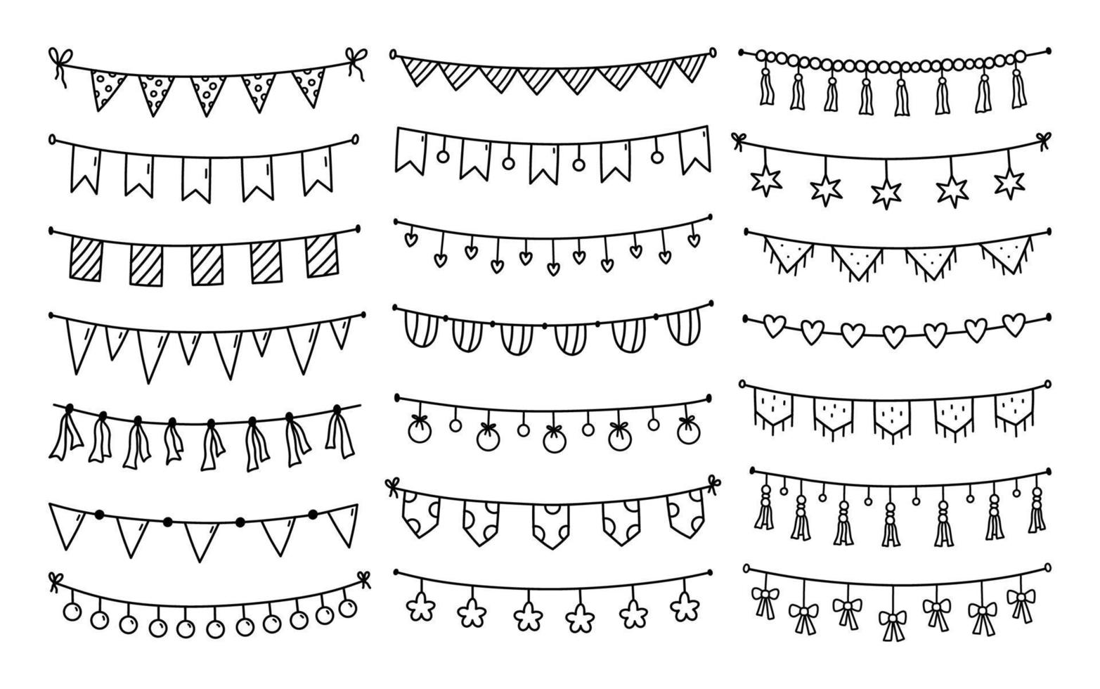 Set of cute festive buntings and flags for parties isolated on white background. Vector hand-drawn illustration in doodle style. Perfect for holiday designs, cards, decorations, logo.