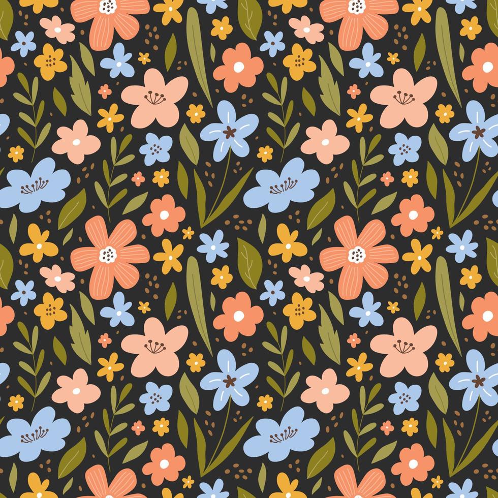 Botanical seamless pattern with meadow flowers and leaves on dark background. Vector illustration in hand-drawn flat style. Perfect for decorations, wallpaper, wrapping paper, fabric. Floral print.