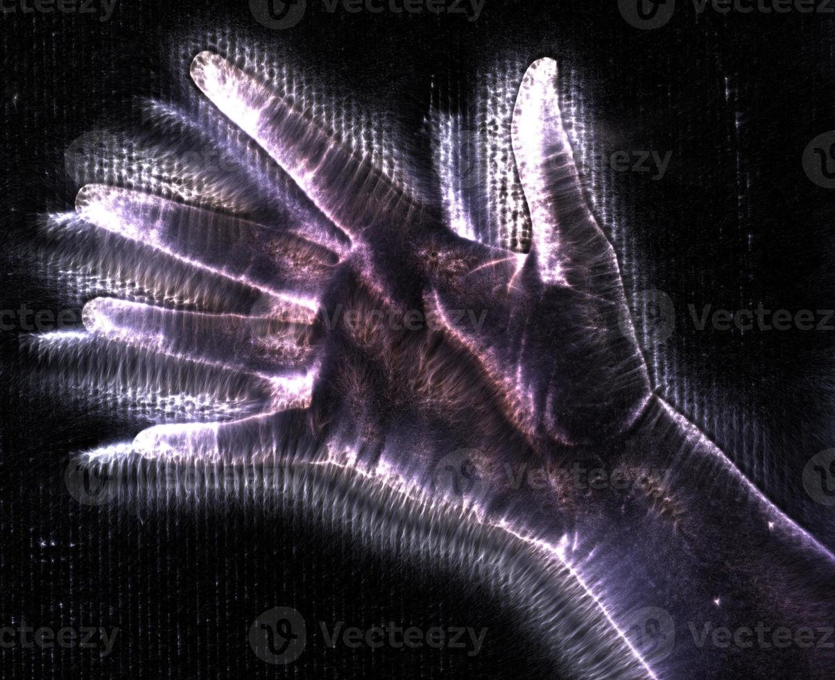 3D-Illustration of a glowing human female hand with a kirlian aura showing different symbols photo