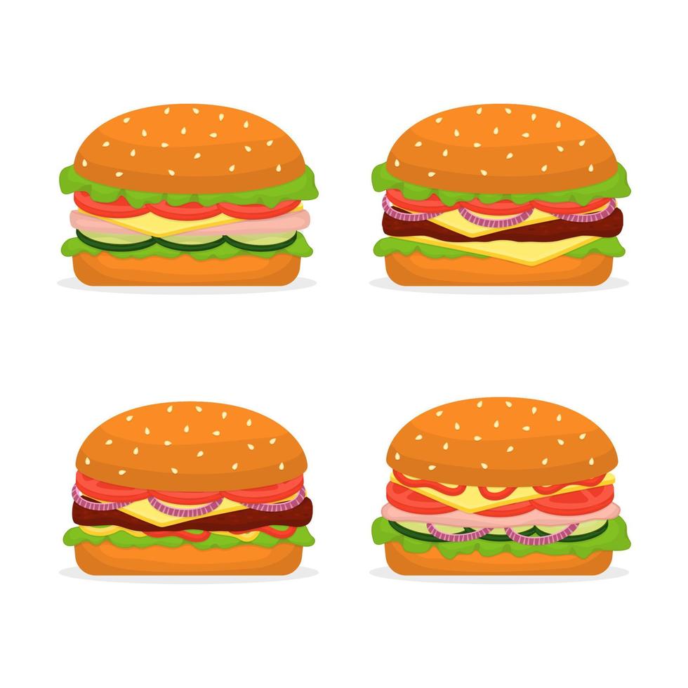 Hamburgers with patty and ham illustration set vector