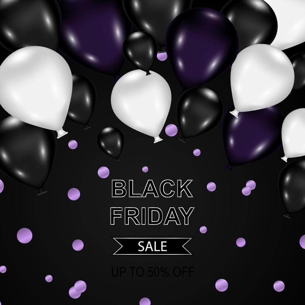 Black Friday sale banner in dark colors with balloons and confetti vector