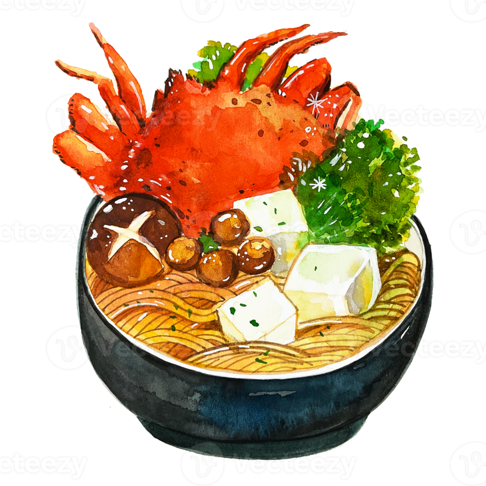 Watercolor Japanese food crab tofu noodles png