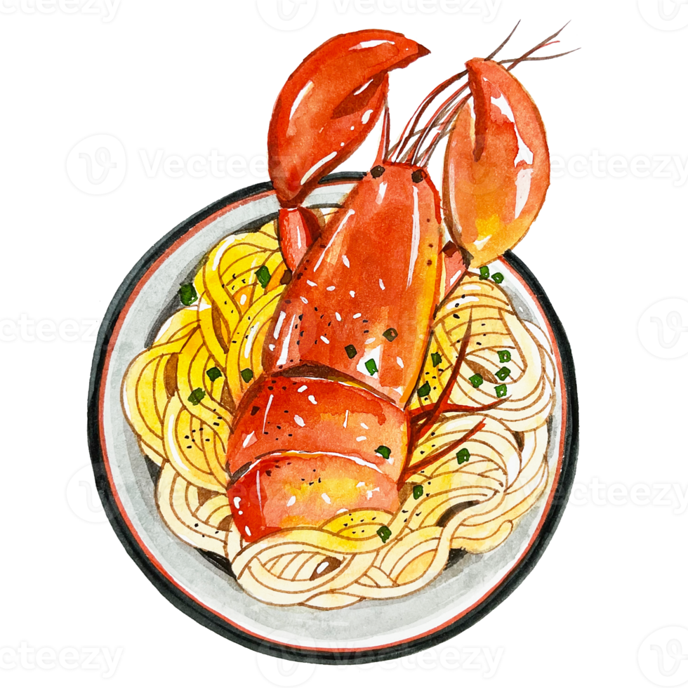 Watercolor Japanese food fried lobster with noodles png