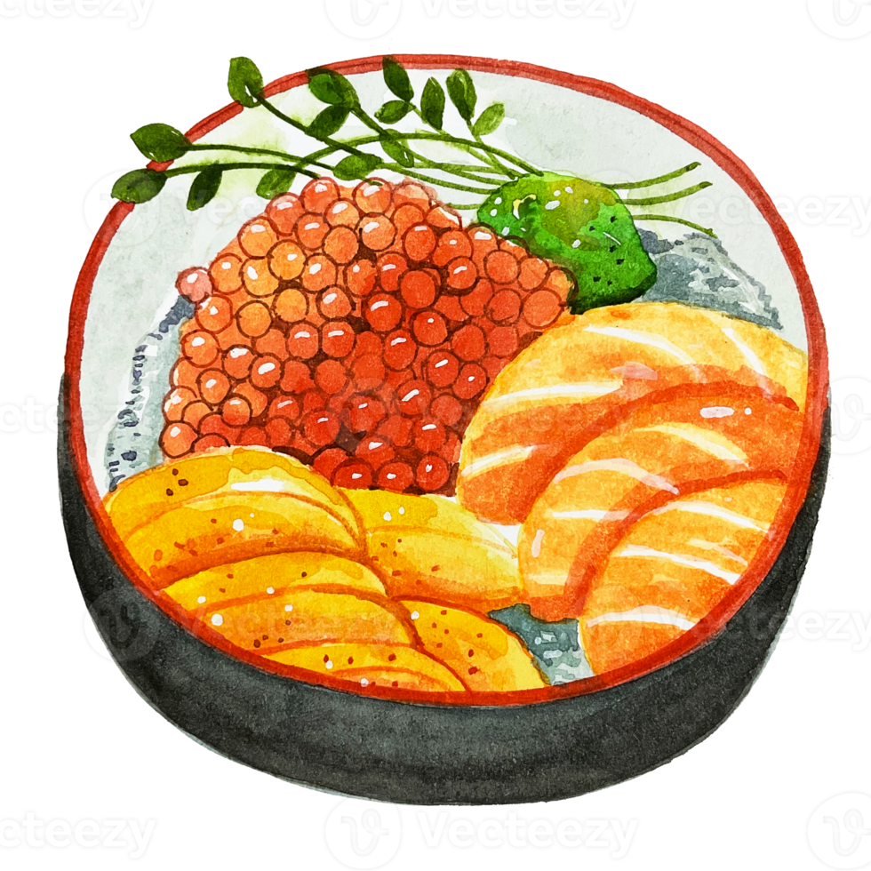 aquarela comida japonesa uni tigela de arroz de salmão e ovo de salmão png