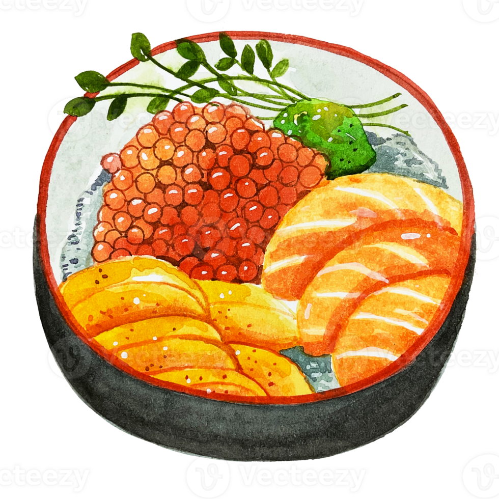 Watercolor Japanese food uni salmon rice bowl and salmon egg 13162114 PNG