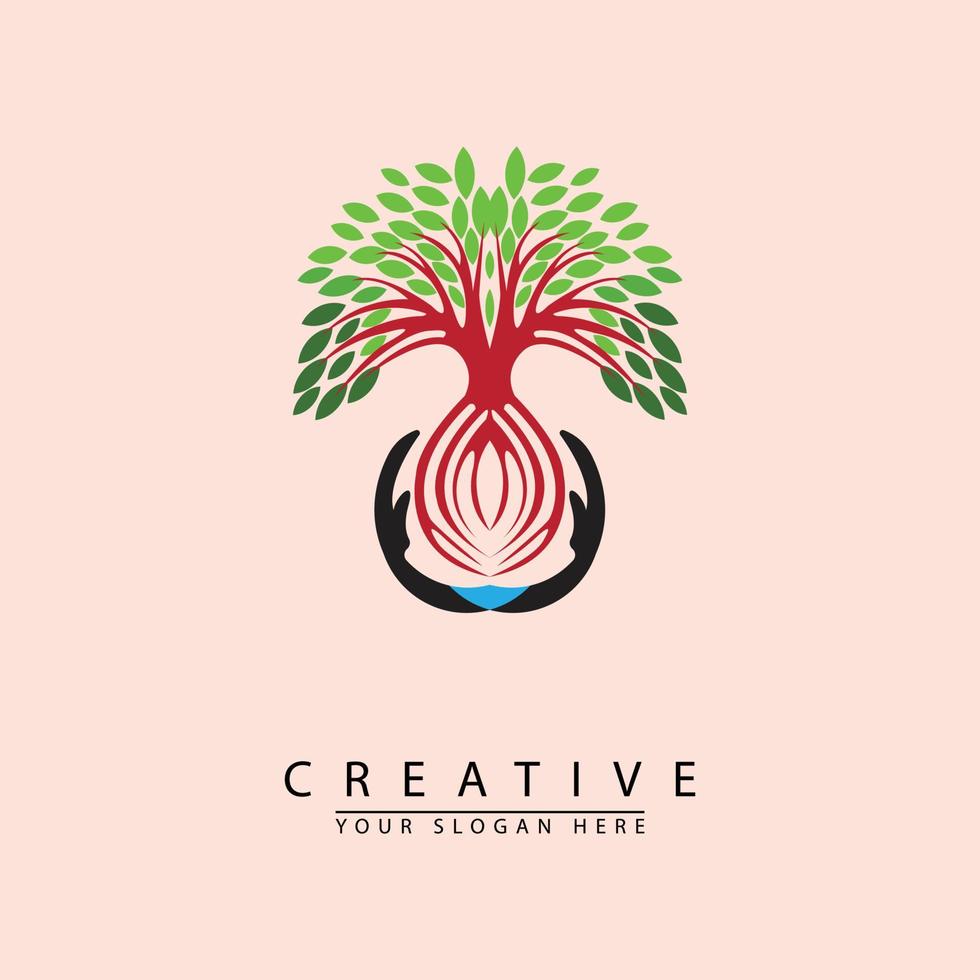 Lush treee with two hands guarding the tree icon logo vector
