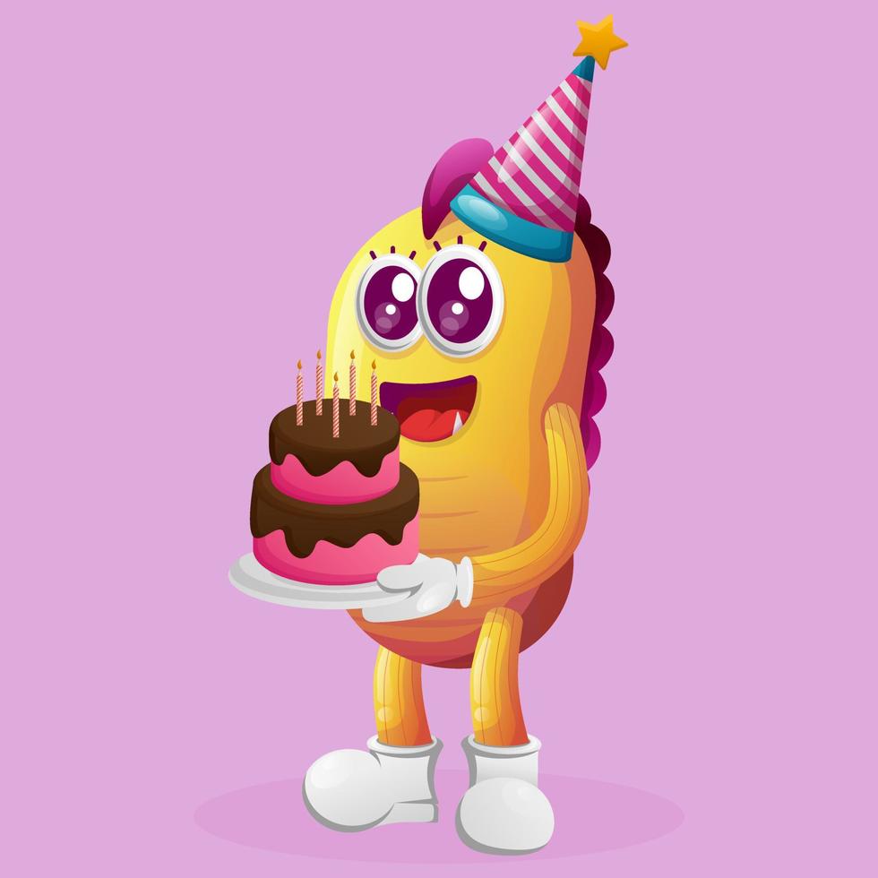 lindo monstruo amarillo con un sombrero de cumpleaños, sosteniendo un pastel de cumpleaños vector