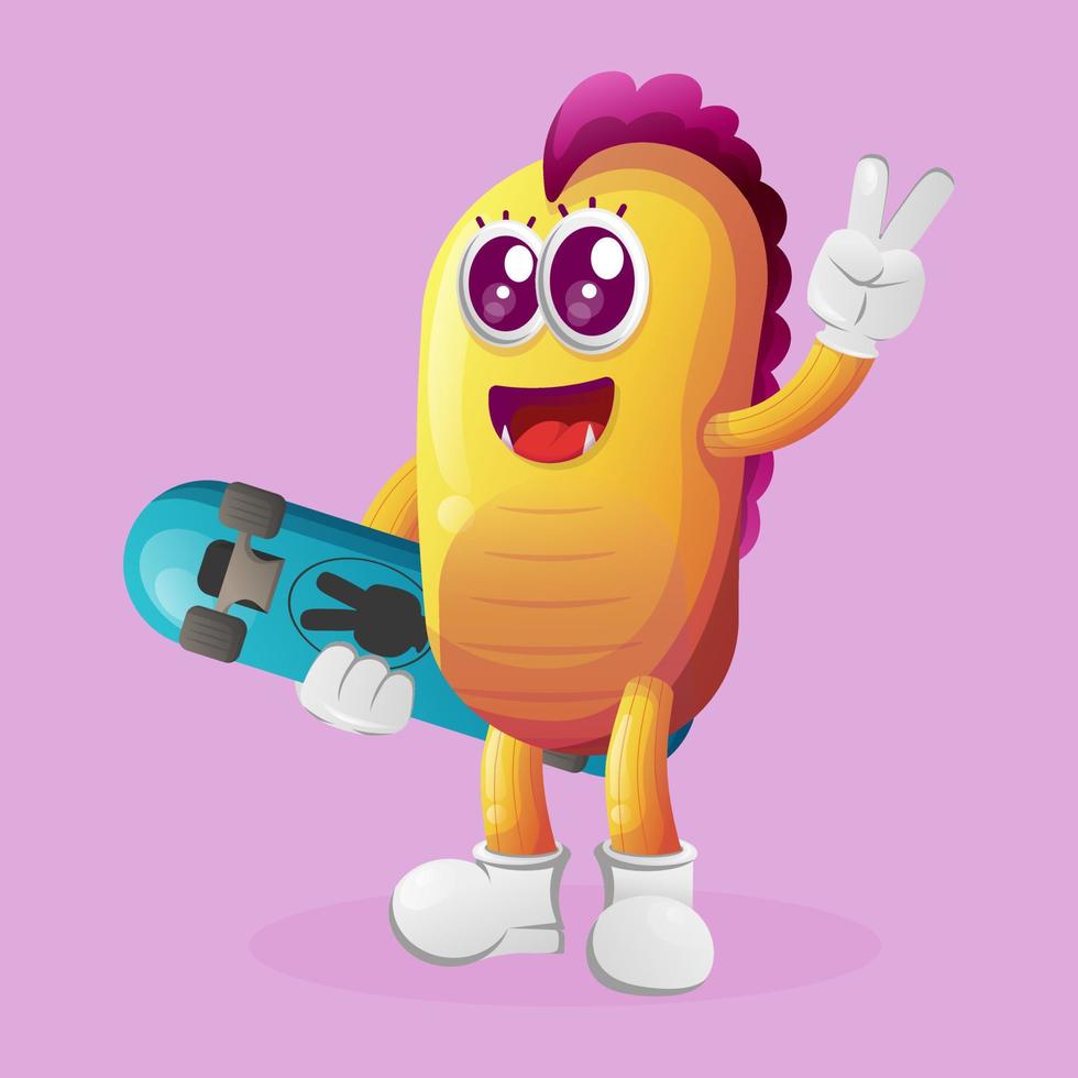 Cute yellow monster carrying a skateboard vector