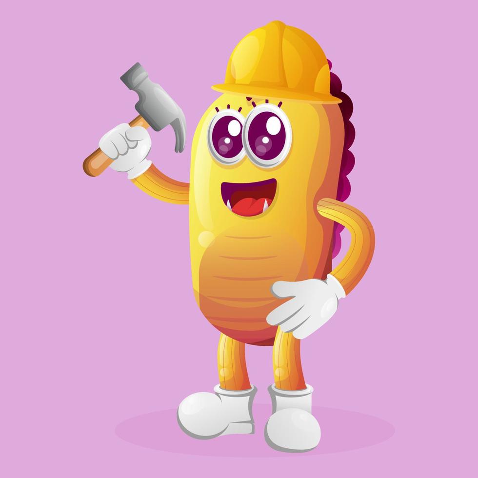 Cute yellow monster builder holding hammer vector