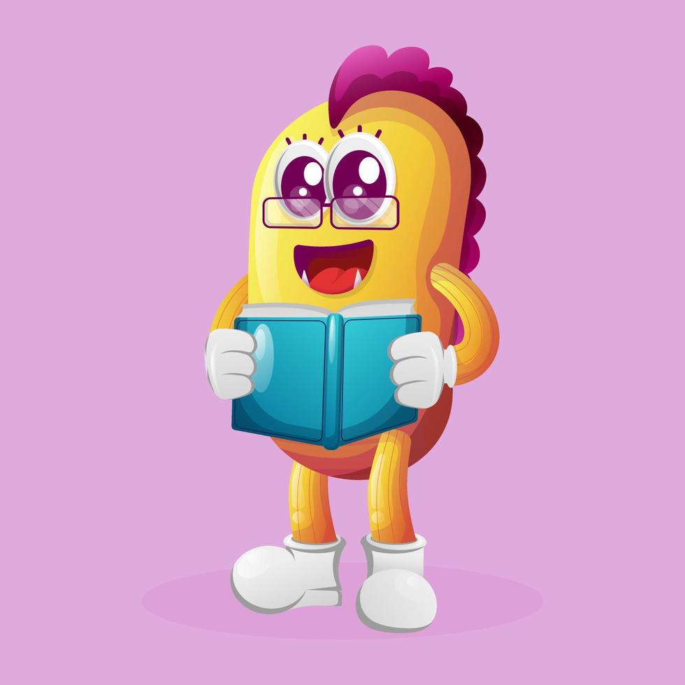 Cute yellow monster reading a book vector