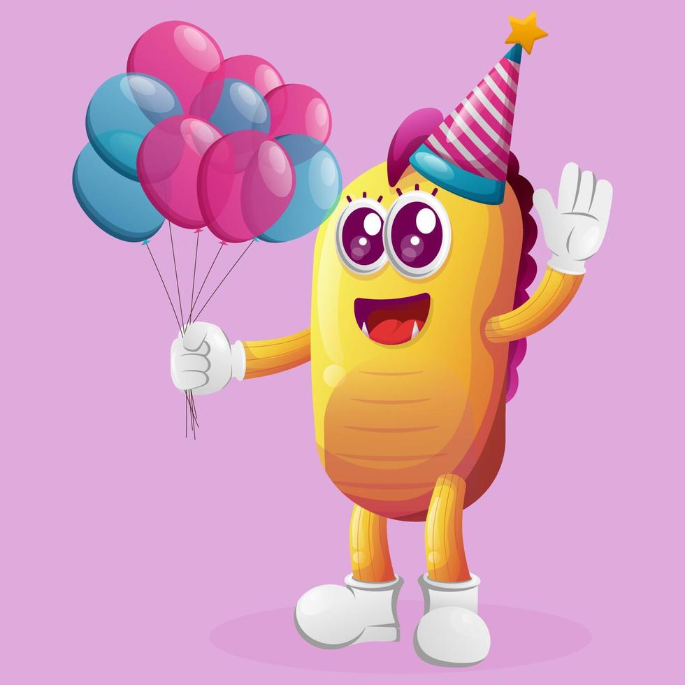 lindo monstruo amarillo con un sombrero de cumpleaños, sosteniendo globos vector