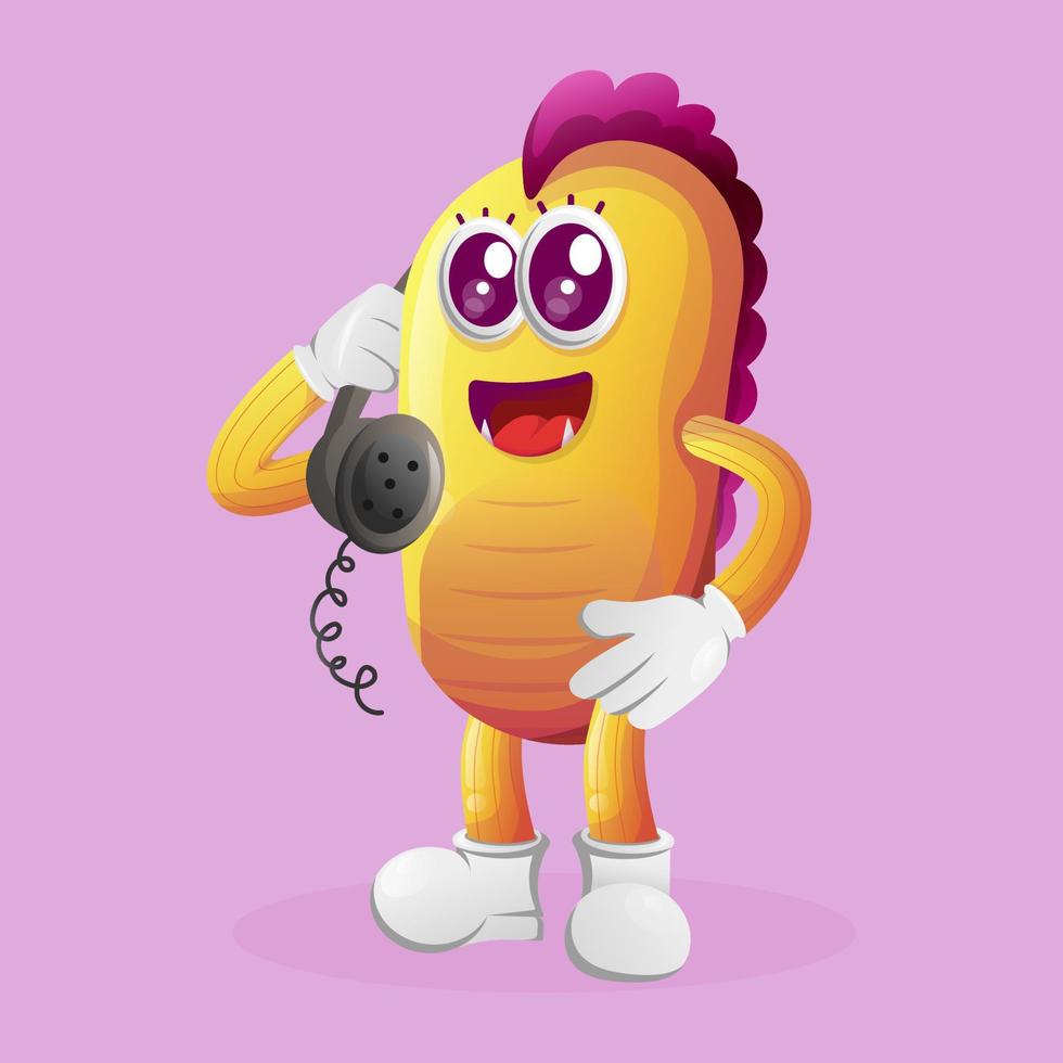 Cute yellow monster pick up the phone, answering phone calls vector