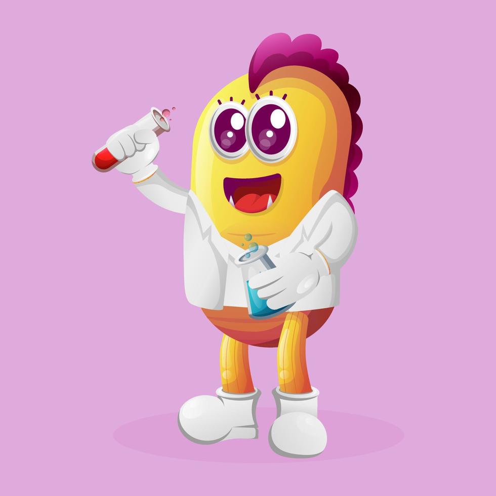 Cute yellow monster scientists holding tubes vector