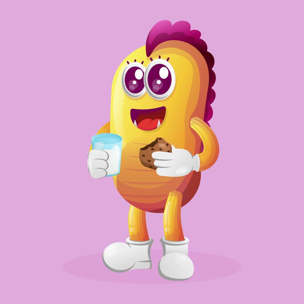 Cute yellow monster drink milk and eat cookie vector