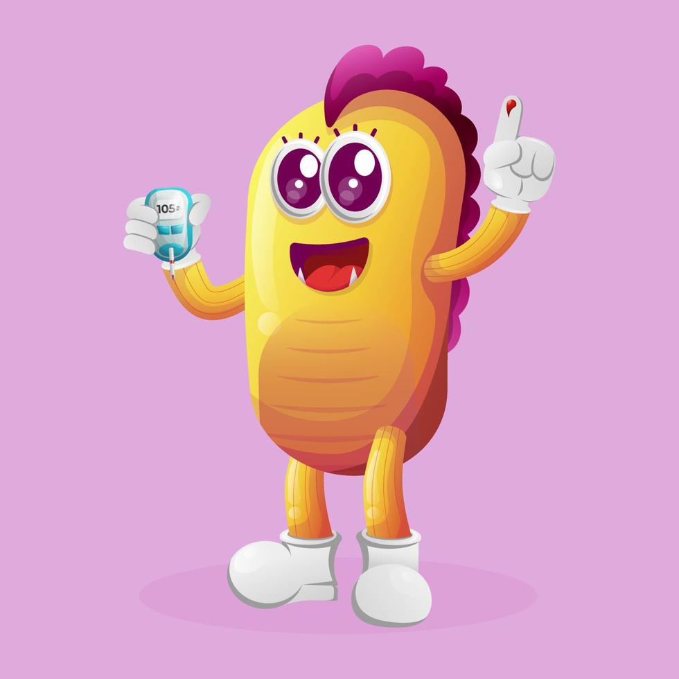 Cute yellow monster holding a blood glucose meter vector