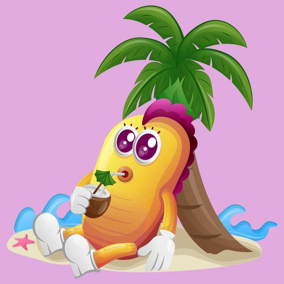 lindo monstruo amarillo bebe agua de coco bajo una palmera en verano vector