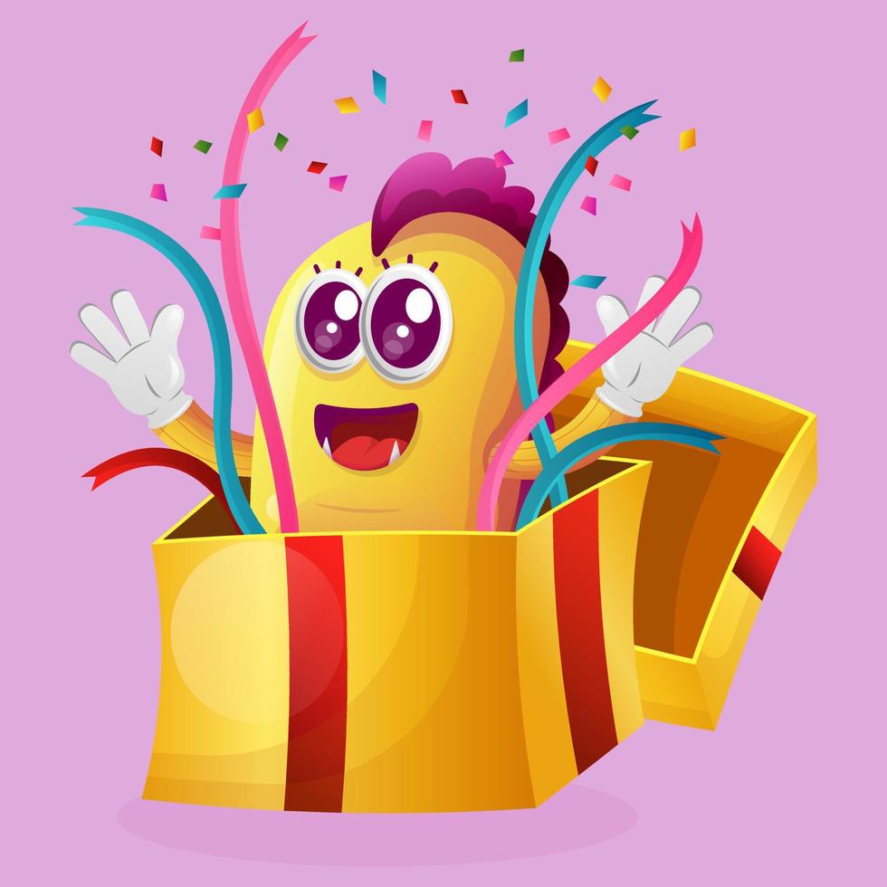 Cute yellow monster that appeared in the gift box, surprising vector