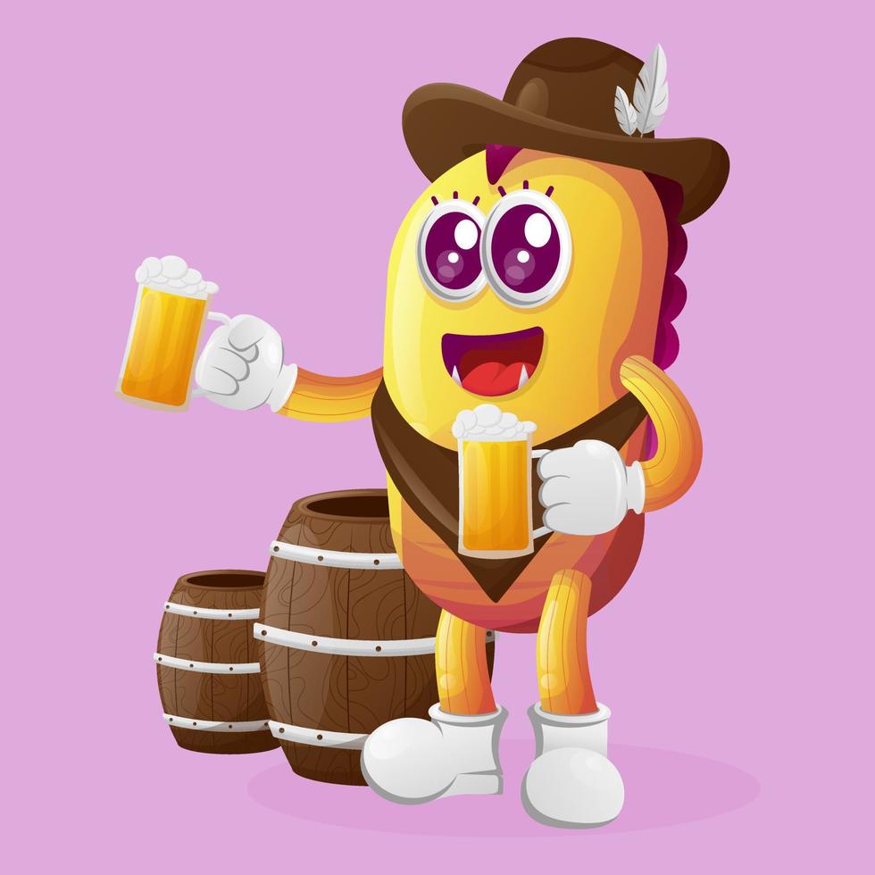 Cute yellow monster celebrate oktoberfest with holding beer vector