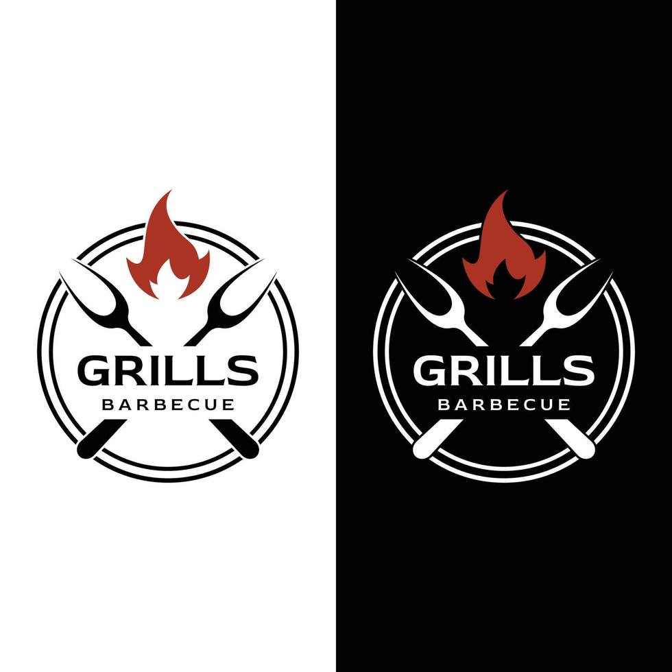 diseño de logotipo de tipografía de barbacoa a la parrilla con fuego cruzado y spatula.logos para restaurantes, cafeterías y bares. vector