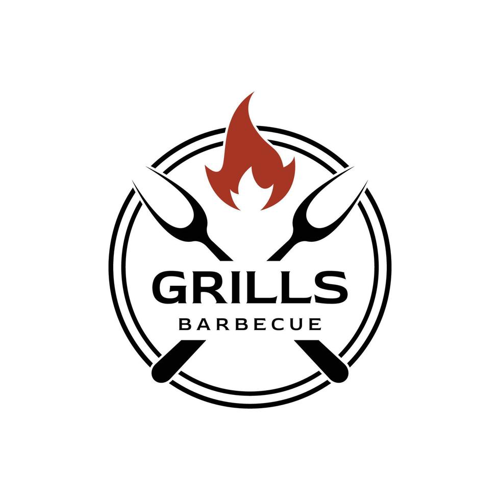 diseño de logotipo de tipografía de barbacoa a la parrilla con fuego cruzado y spatula.logos para restaurantes, cafeterías y bares. vector